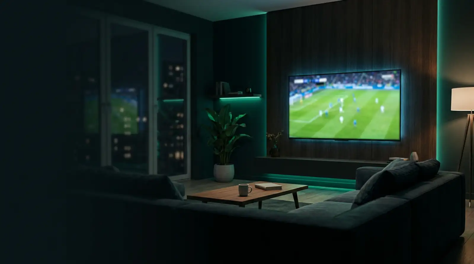 Smart IPTV auf einem 4K-Smart-TV im Wohnzimmer — Live-Fußball über Mein IPTV Anbieter
